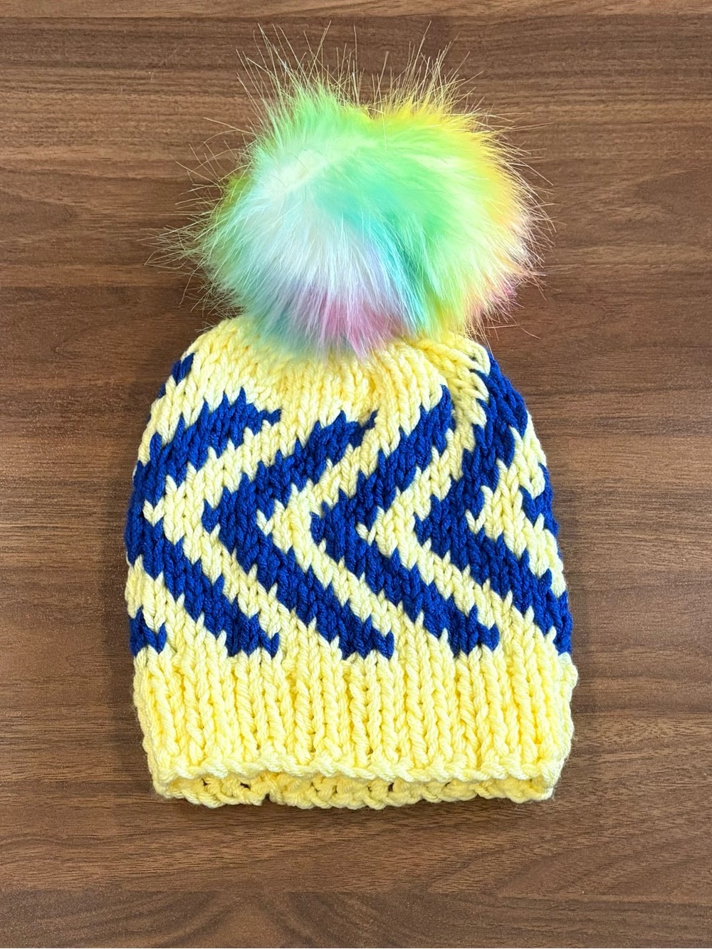 New! Adult Yellow & Blue Knit Beanie with Rainbow Pom Pom